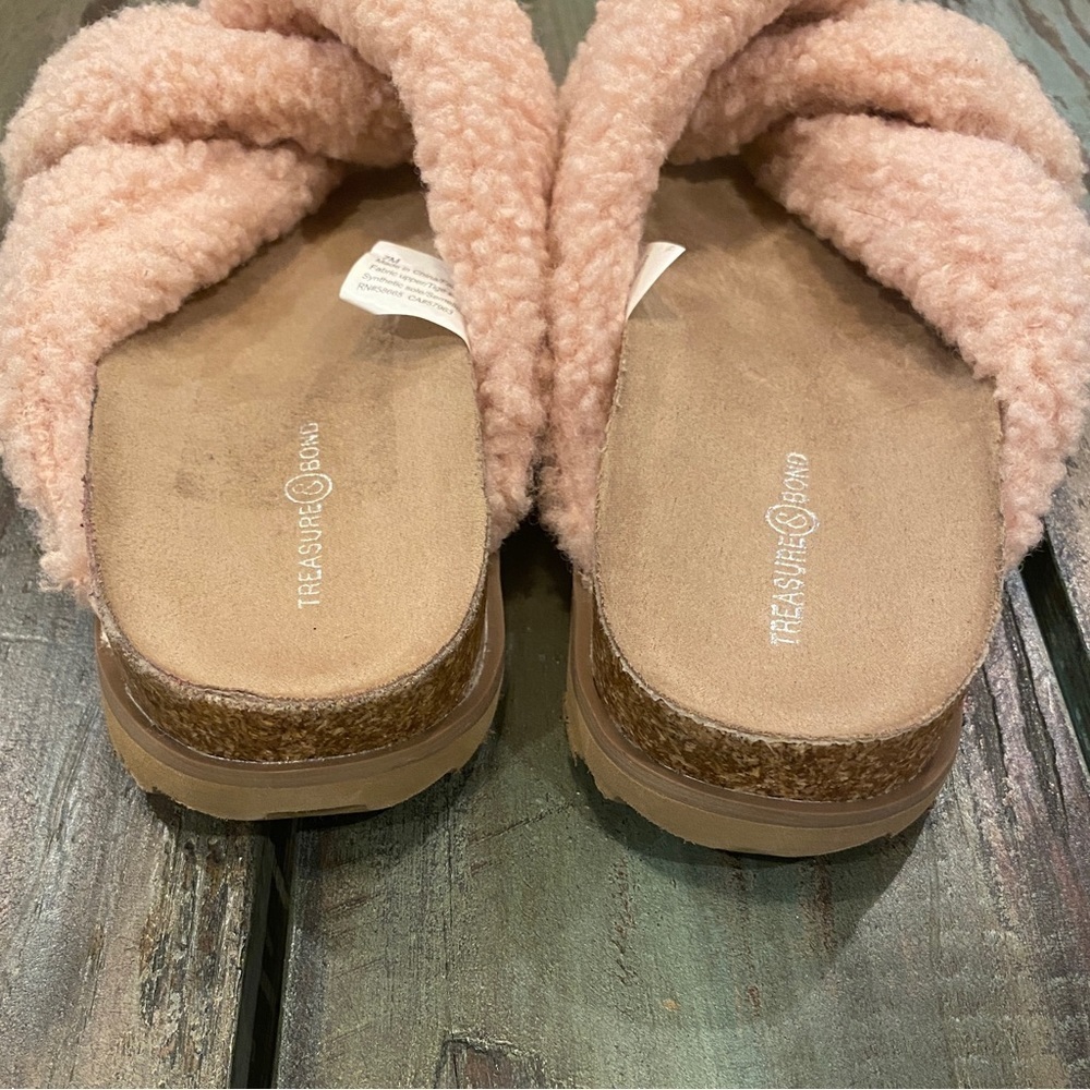 Treasure & Bond Teddy Blush Cork Faux Shearling Fleece Sandals Slides Slippers 7 - Picture 4 of 8